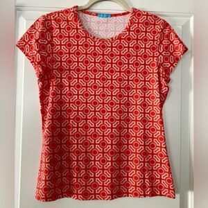 J. McLaughlin Red and White Geometric Short Sleeve Top